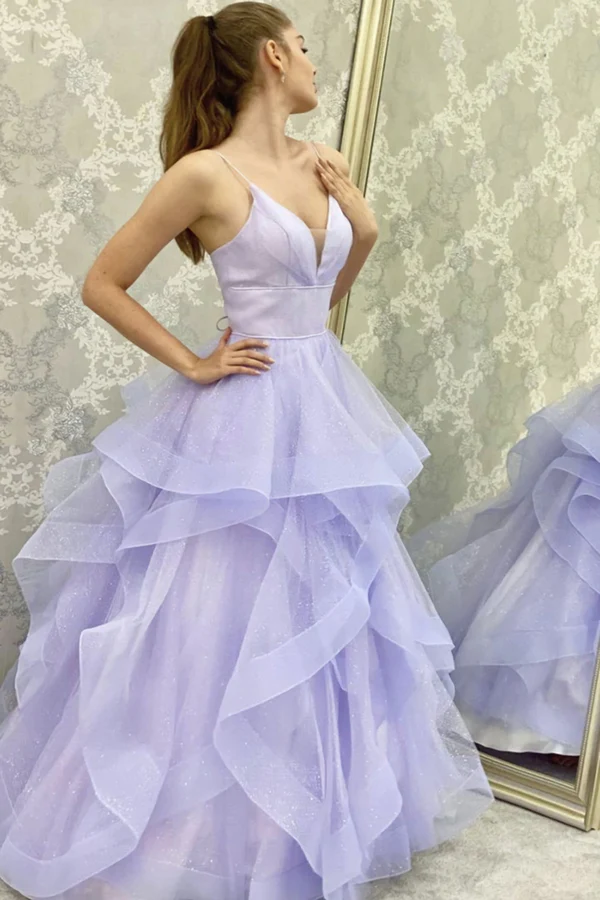 V Neck Backless Fluffy Lilac Long Prom Dress, Backless Lilac Formal Evening Dress Y910