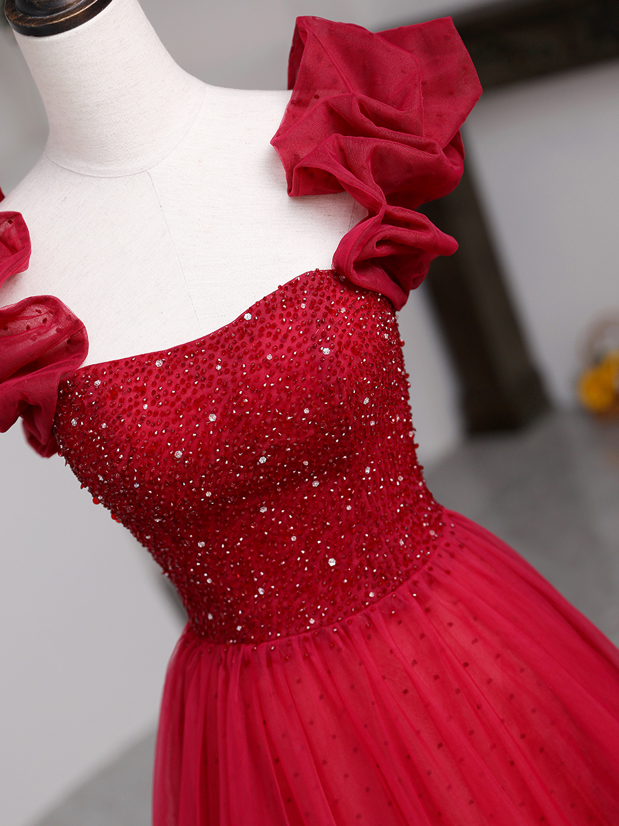 Generous A-line Red Tulle Prom Dress,Lace-up Back Prom Dress Y795