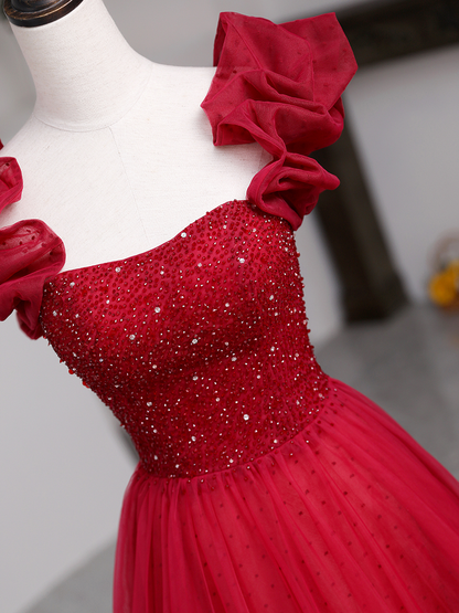 Generous A-line Red Tulle Prom Dress,Lace-up Back Prom Dress Y795