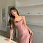 Elegant Spaghetti Strap Silk Side Slit Midi Semi Formal Dress,Sexy Slim Evening Dress For Women Y1197