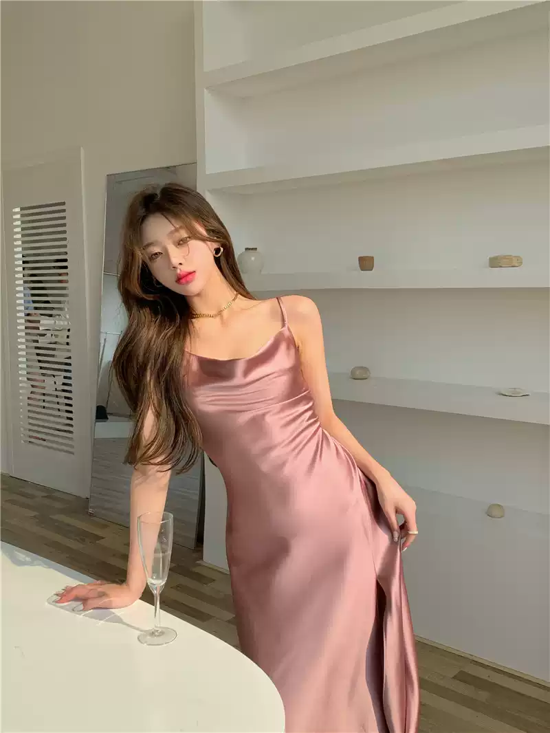 Elegant Spaghetti Strap Silk Side Slit Midi Semi Formal Dress Sexy