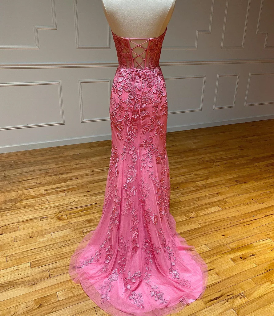 Sweetheart Neck Pink Mermaid Lace Prom Dresses, Pink Mermaid Lace Formal Graduation Dresses Y1549