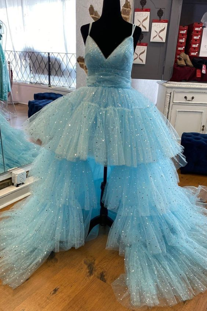 princess high low blue sparkle prom dress formal dress Y1339