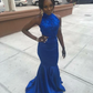Charming Sheath Royal Blue Satin Backless Slim Fitted Appliques Prom Dresses Y1269