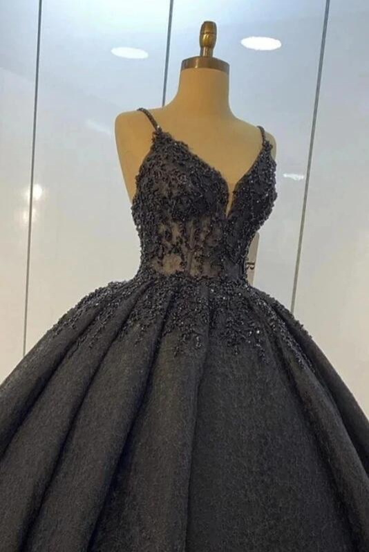 Black lace ball gown dresses for wedding , spaghetti straps prom dress S22981