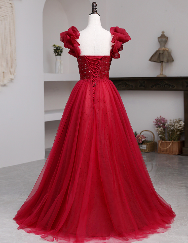 Generous A-line Red Tulle Prom Dress,Lace-up Back Prom Dress Y795
