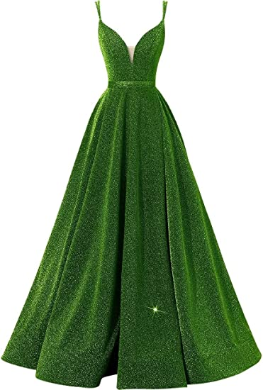 Glitter Spaghetti V-Neck Prom Dresses Long  Formal Evening Dress Y871
