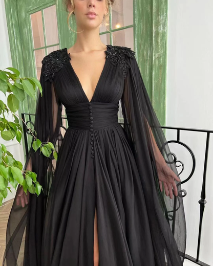 V-neck Black Tulle Prom Dresses, Elegant Prom Dresses, Newest  Prom Dresses, A-line Prom Dresses Y56
