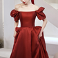 Burgundy Satin Long Prom Dresses, A-Line Short Sleeve Evening Dresses Y1170