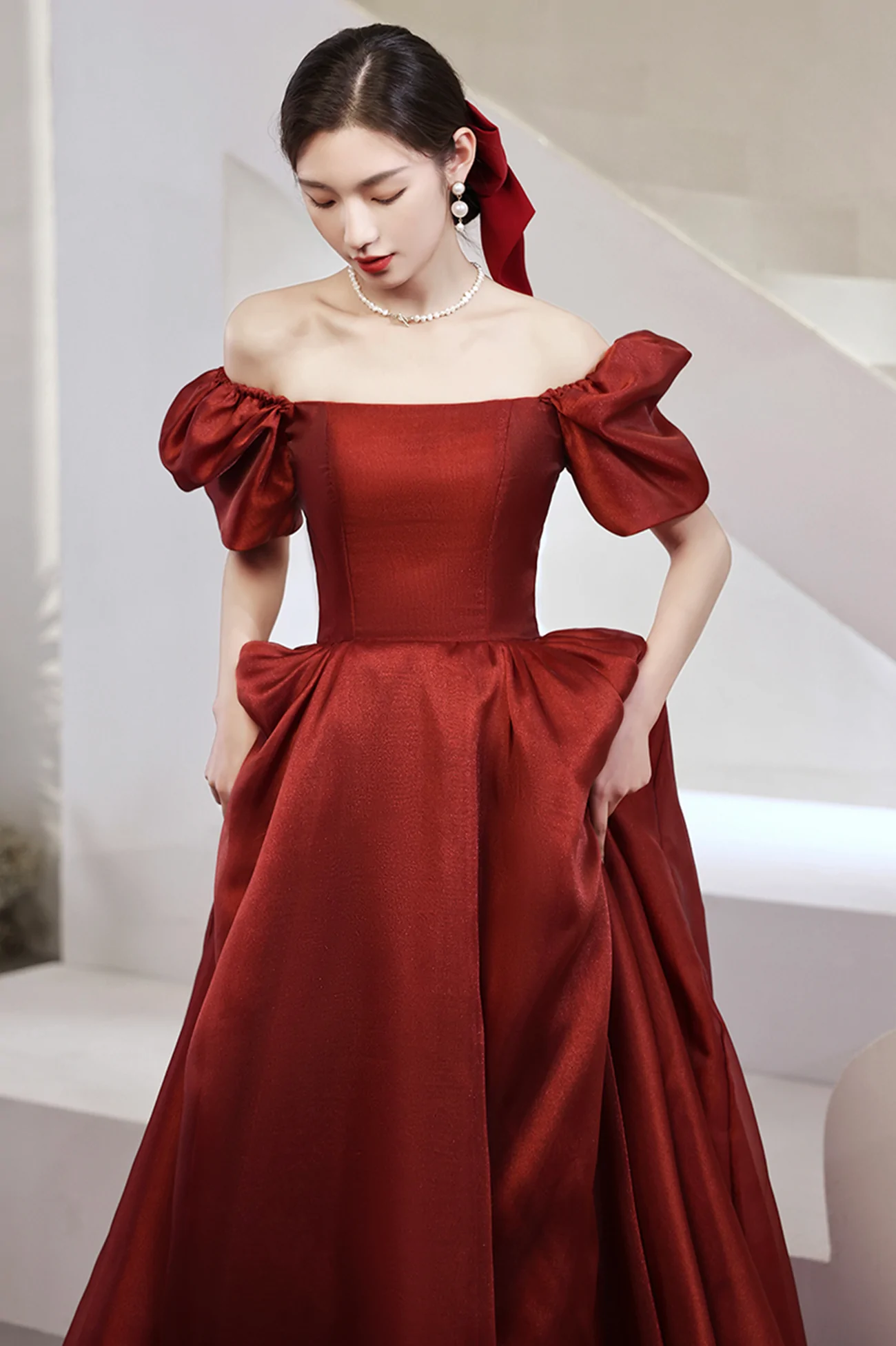 Burgundy Satin Long Prom Dresses, A-Line Short Sleeve Evening Dresses Y1170