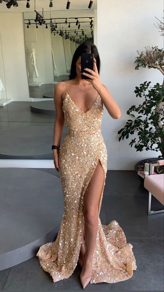 Gold engagement dress spaghetti straps prom dress leg split sequins ev Simplepromdress Gold engagement dress spaghetti straps prom dress leg split sequins ev Simplepromdress