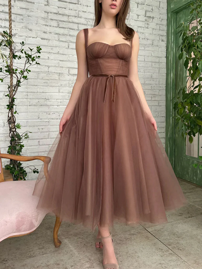Brown Tea Length Prom Dresses, Tea Length Brown Formal Homecoming Dresses Y228