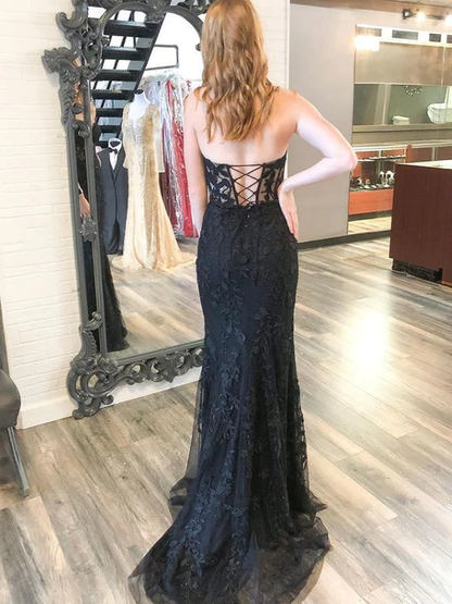 Mermaid Open Back Black Lace Long Prom Dresses, Strapless Black Formal Dresses, Black Lace Evening Dresses Y1794