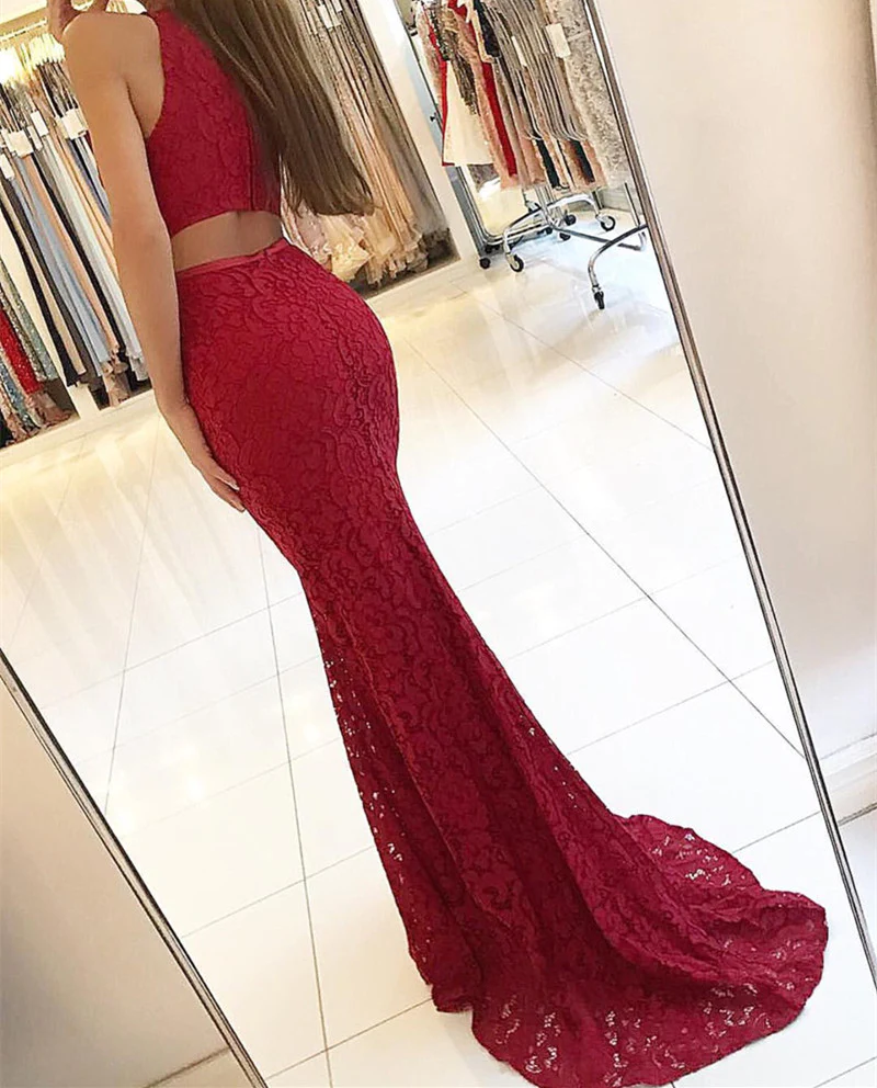 Elegant Burgundy Mermaid Lace Evening Dresses Y771