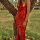 Elegant One Shoulder Red Sequins Long Prom Dress Side Split Y966