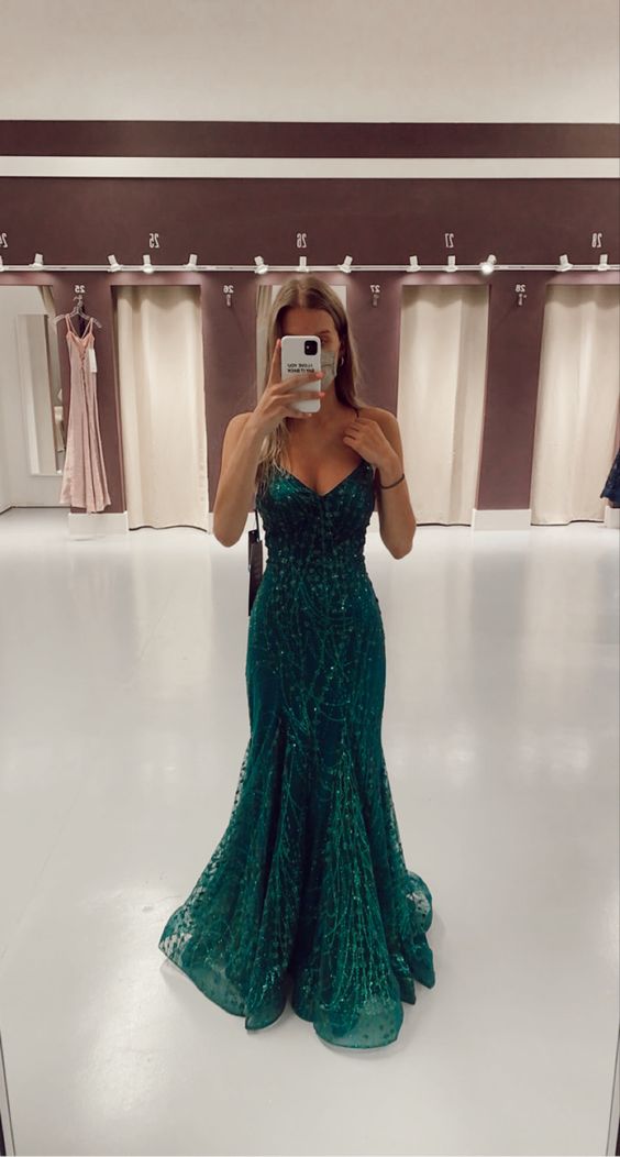 Mermaid V Neck Dark Green Prom Dress Stunning Evening Dress Y325