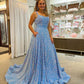 Sparkly A Line Square Neck Blue Sequins Long Prom Dresses With Pockets Y348
