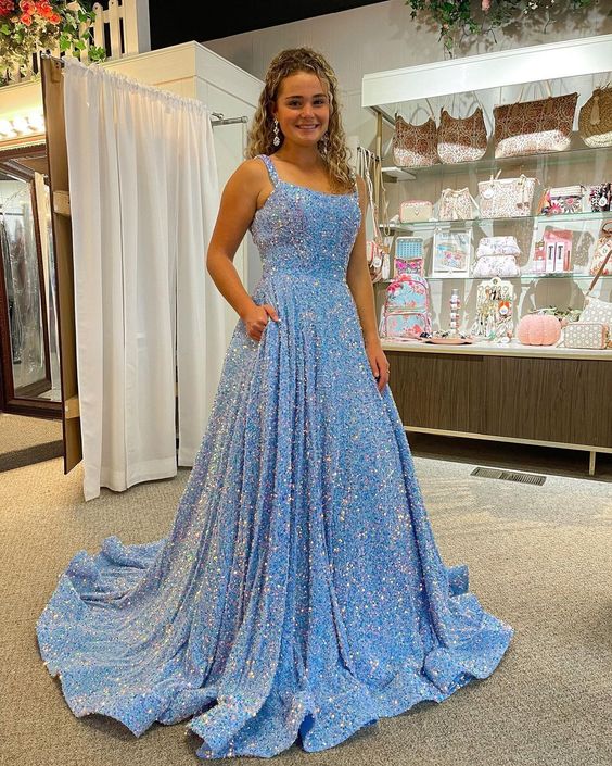 Sparkly A Line Square Neck Blue Sequins Long Prom Dresses With Pockets Y348