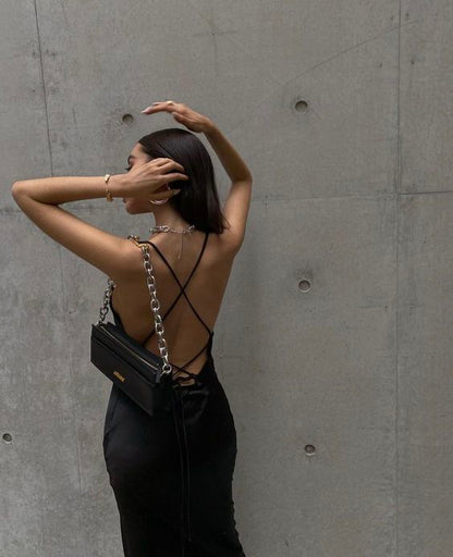 Spaghetti Straps Black Simple Prom Dress Cross Back Sexy Prom Dress Y106