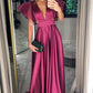 Deep V Neck Satin Long Prom Dress With Trumpet Sleeve,Elegant Prom Gown Y718