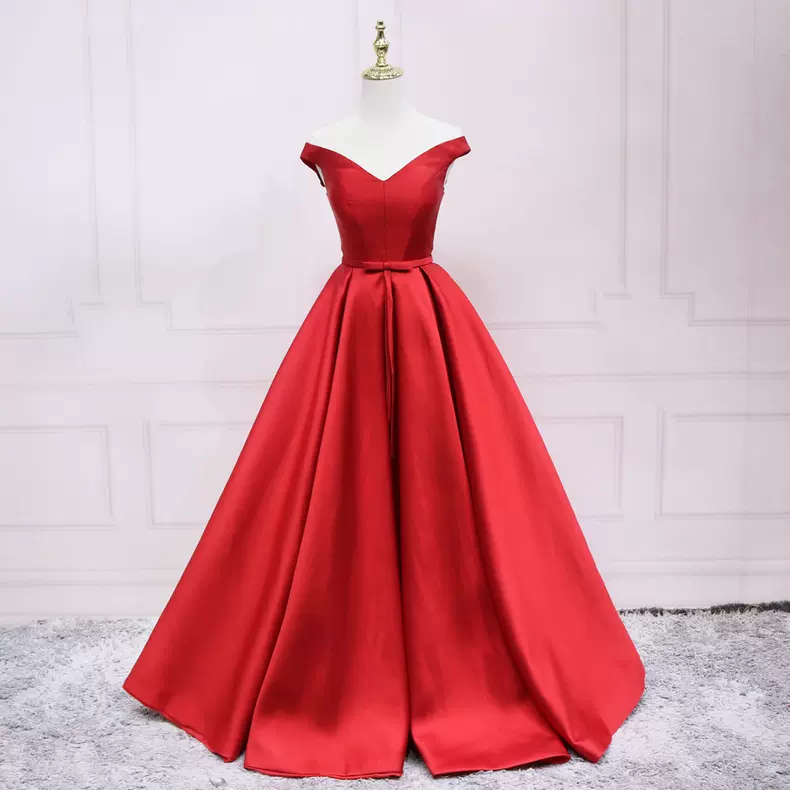 Elegant Off The Shoulder Red Satin Prom Dress s29
