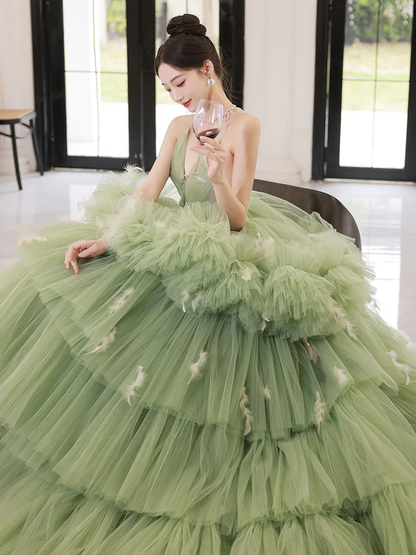 Green v neck tulle long prom dress, green tulle sweet 16 dress Y838