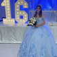 Light Blue Long Dress Cute 3D Applique Off Shoulder Ball Gown Princess Dress Y260