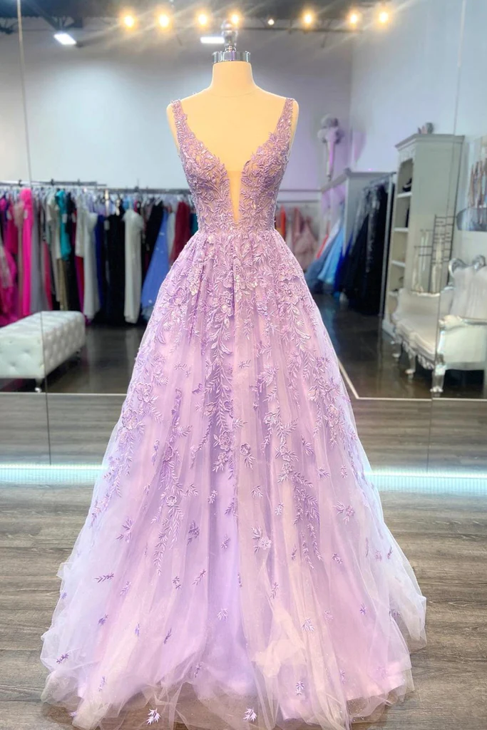 prom dresses in lilac V Neck Purple Lace Long Prom Dress, Lilac Lace Formal Dress, Purple Ev – Simplepromdress