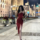 Red A-line Spaghetti Straps Midi Length Prom Dress With Pleats Y701
