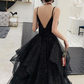 Shiny Black V Neck Prom Dresses, Backless Black V Neck Formal Evening Gown Y1148