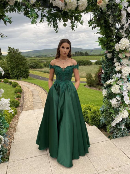 Classic Off The Shoulder Emerald Green Satin Prom Dress,Formal Gown Y1250