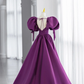 Purple Puff Sleeves Satin Long Prom Dress, V-Neck Evening Dress Y856