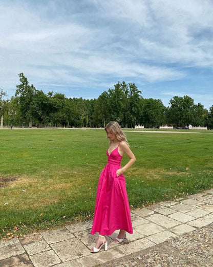 A-line V Neck Hot Pink Prom Dress Sleeveless Formal Dress Y436
