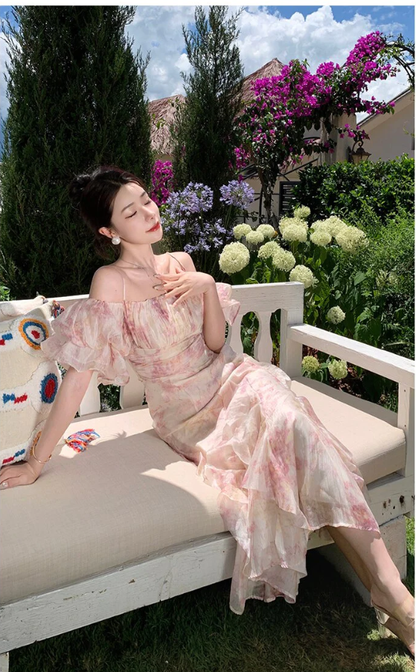 Long Dress Women French Romantic Popular Floral Bubble Sleeve Boat Neck Sling Beach Holiday Summer Dresses,Charming Prom Dress Y1856