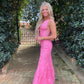 Charming Mermaid V Neck Hot Pink Lace Long Prom Dresses Y1028