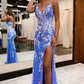 Plunging V-Neck Embroidery Lace Long Prom Dress with Slit Y1290