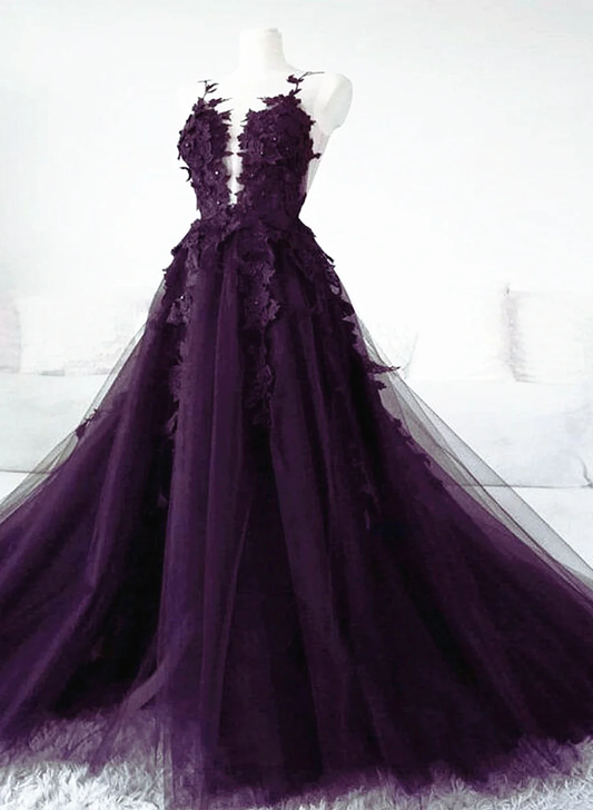 Purple Tulle With Lace Applique Long Prom Dress Purple Formal Dress Y1866