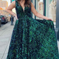 Sparkly Dark Green Sequins Long Prom Dress with Pockets Y347