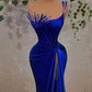 Glamorous Royal Blue Velvet Evening Dress, Unique Design Straps Evening Gown With High Split Y719