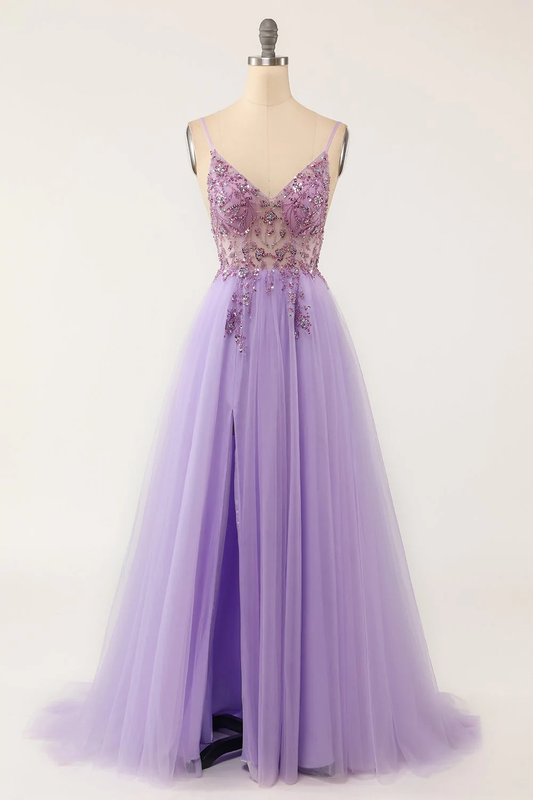 Sexy Purple V Neck Beaded Tulle Long Prom Dress,Graduation Dress Y1348