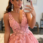 V Neck Open Back Beaded Pink Lace Long Prom Dresses, Pink Tulle Formal Dresses with Lace Appliques Y373