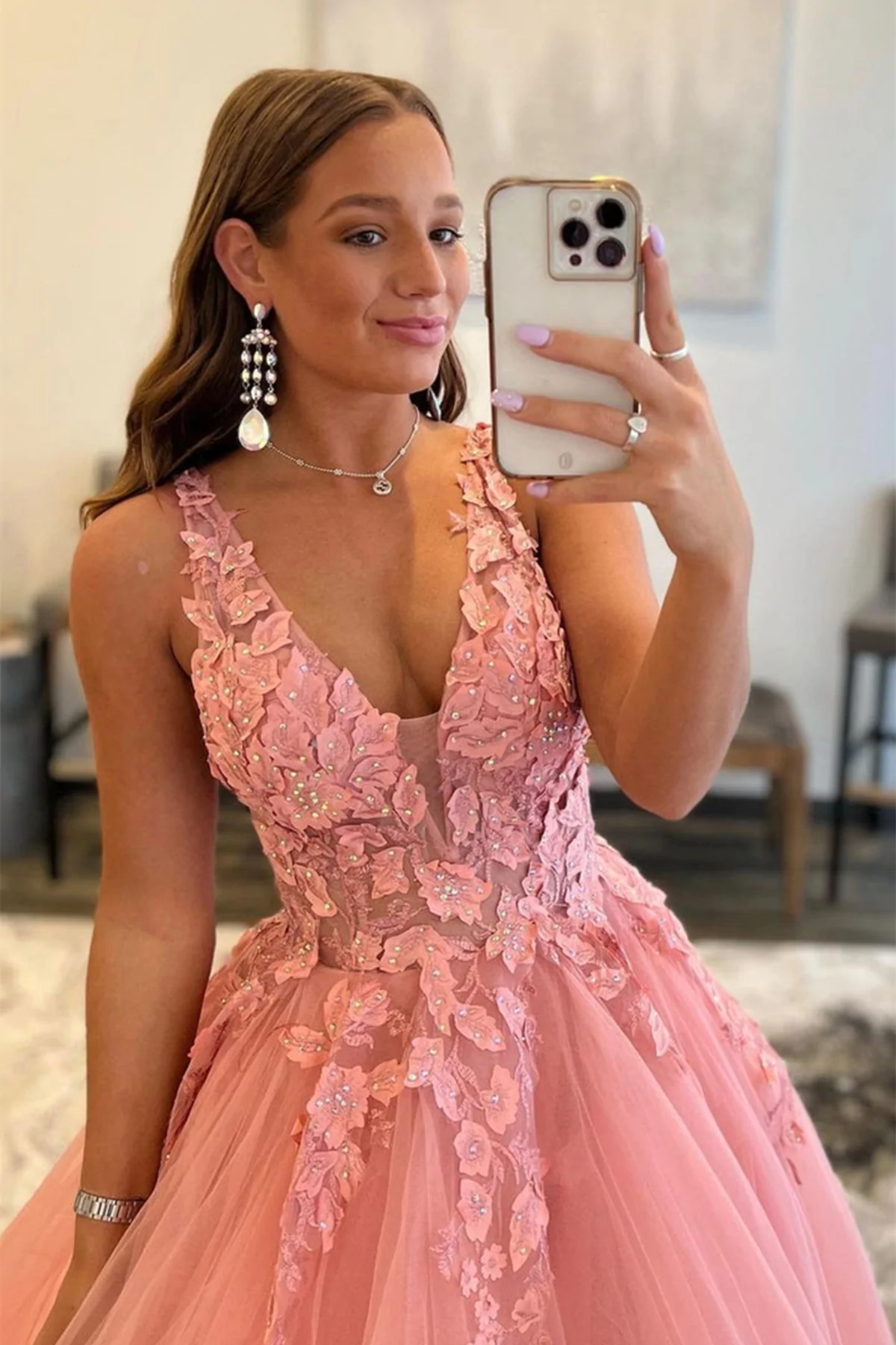 V Neck Open Back Beaded Pink Lace Long Prom Dresses, Pink Tulle Formal Dresses with Lace Appliques Y373