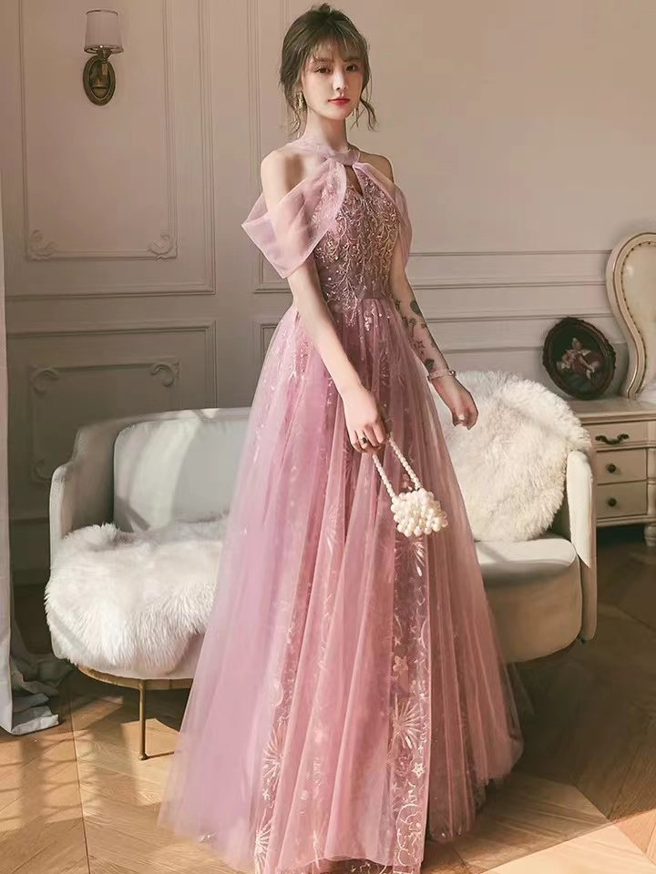 Pink party dress, halter neck prom dress, sweet fairy evening dress Y1918