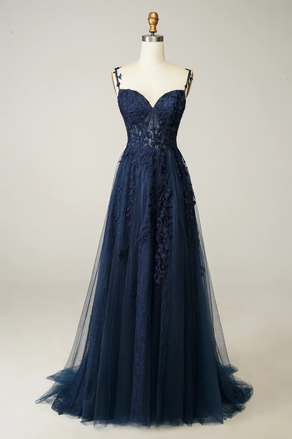 A-line Navy Blue Prom Dress Lace Tulle Evening Dress Y382
