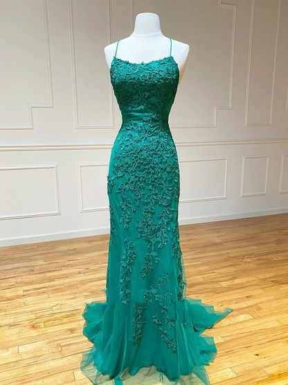 Backless Green Mermaid Lace Prom Dresses, Open Back Green Lace Mermaid Formal Evening Dresses Y1365