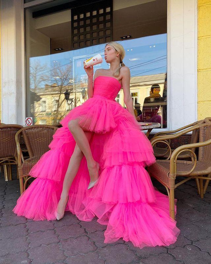 Princess A Line High Low Strapless Pink Long Prom/Evening Dress Ruffles Y76