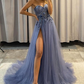 Sparkly Bling High Slit Sweetheart Floral A Line Puffy Sleeves Formal Party Prom Dress Y1862