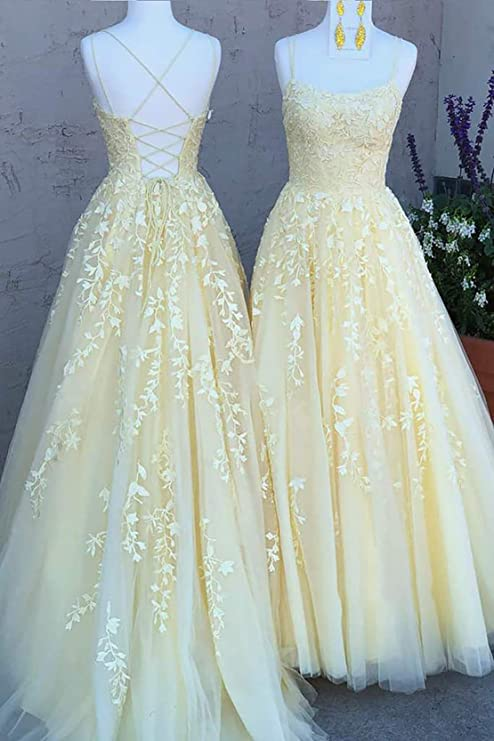 Women's Lace Applique Prom Dresses Long Spaghetti Straps Tulle Formal Evening Party Gowns Y752