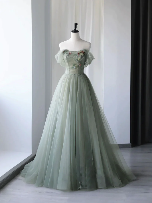 Gray Green Tulle Off Shoulder Long Prom Dress, Gray Green Formal Graduation Dresses Y1292