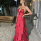 Elegant A-line Spaghetti Straps Satin Tiered Evening Dress Y728